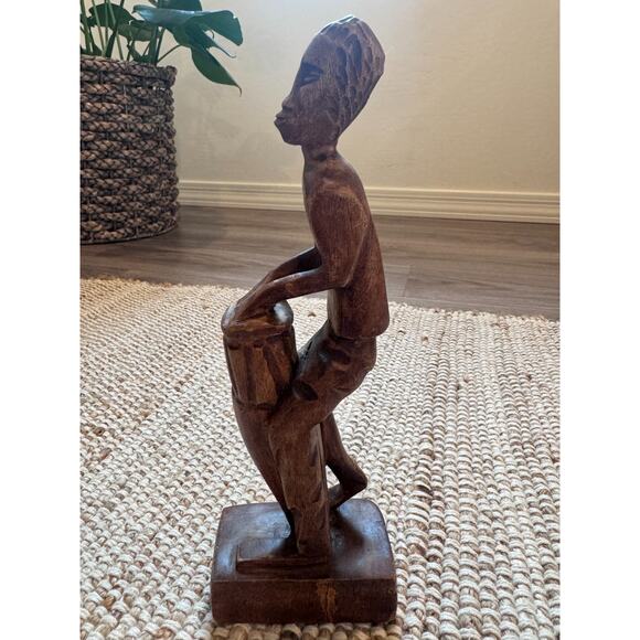 Hand Carved African Tribal Drummer Statue Wooden Folk Art Figurine 10.5” Vintage - Picture 1 of 5